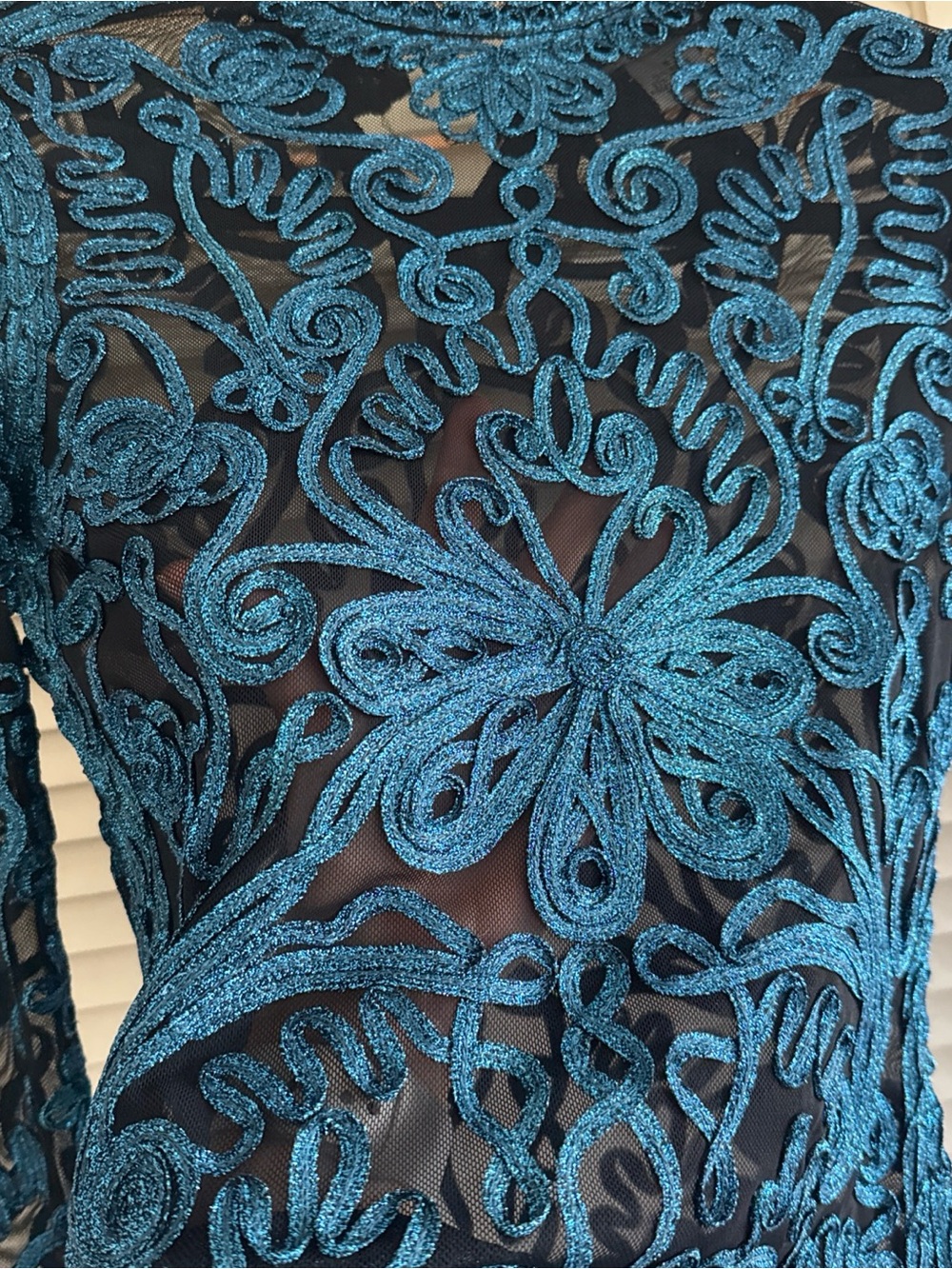 Cache Black Mesh Top with Teal Glitter Embroidery
